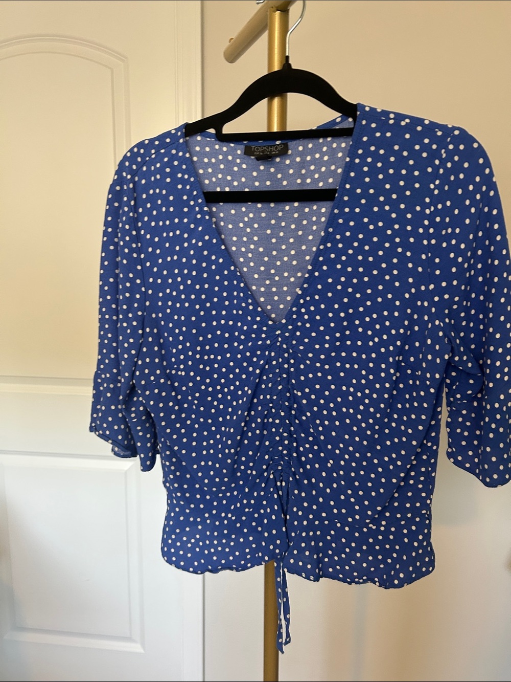 Topshop Royal Blue Polka Dot Ruched V-Neck Tie-Front Blouse
